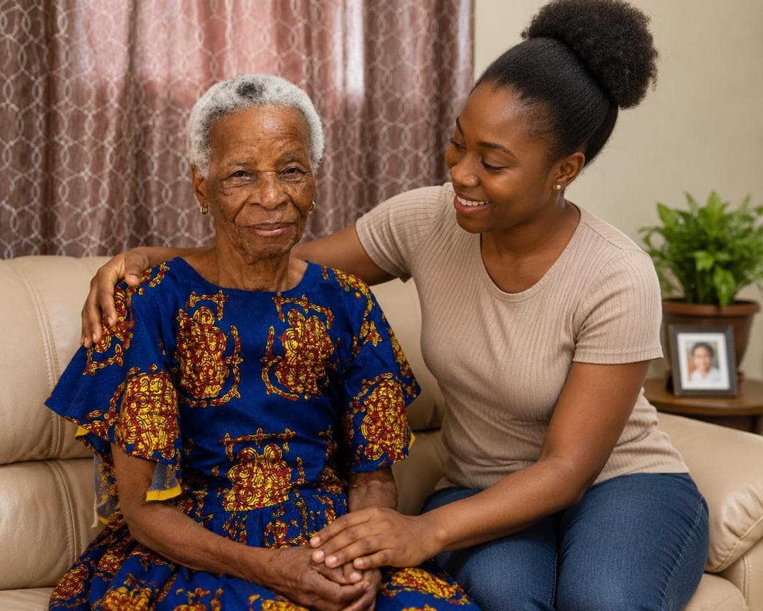A caregiver sitting with an elderly person