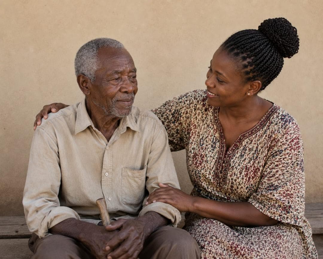 Volunteer assisting elderly man